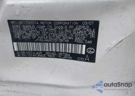 2007 Lexus Es 350 из США, поврежденный, VIN JTHBJ46G072108746